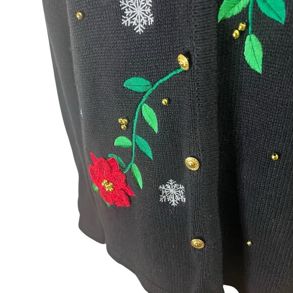 Vintage Black Holiday Cardigan Poinsettia & Snowflake Embroidery Size M (10–12) - Picture 5 of 7